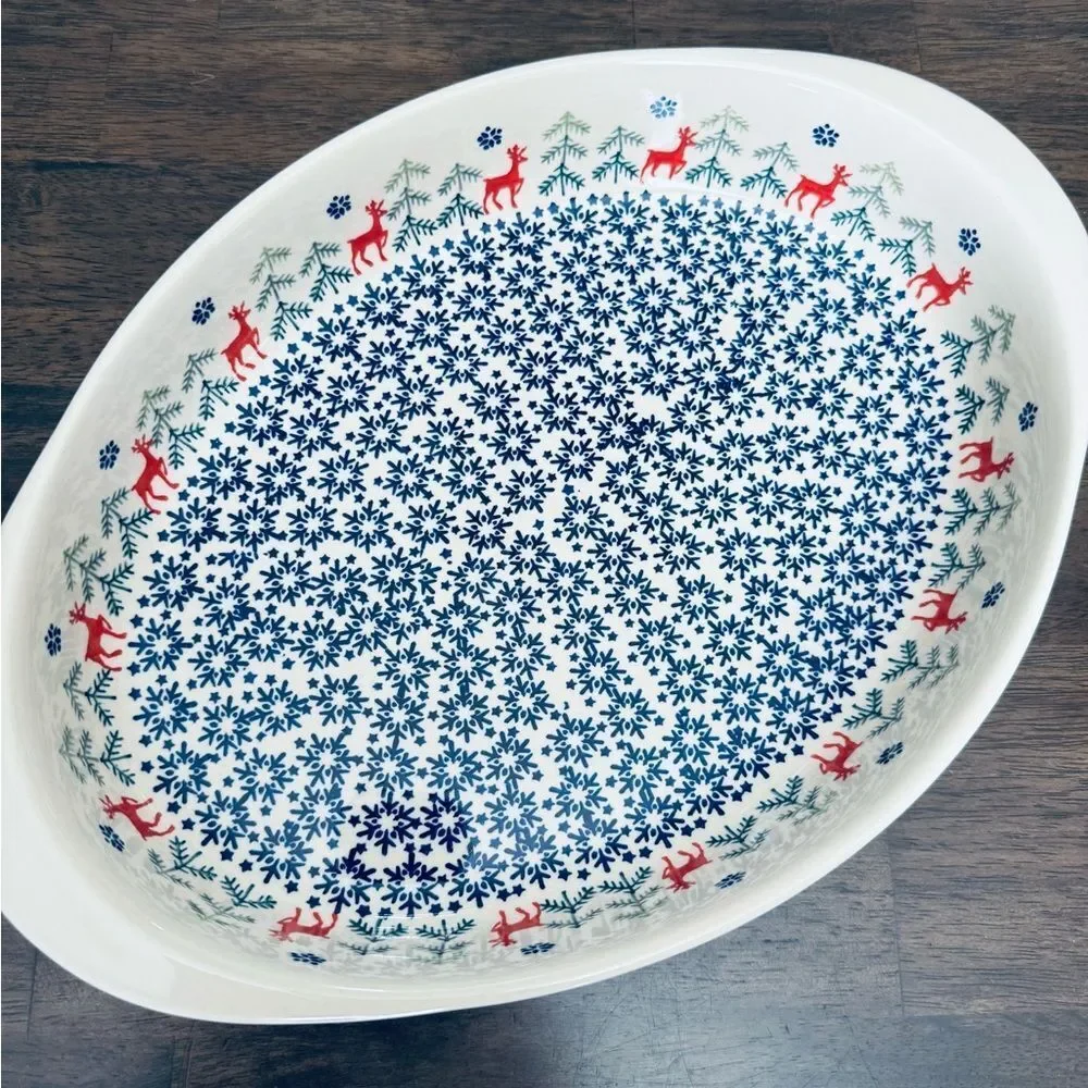 Boleslawiec Polish Pottery Christmas Holiday Reindeer Casserole Baking Dish